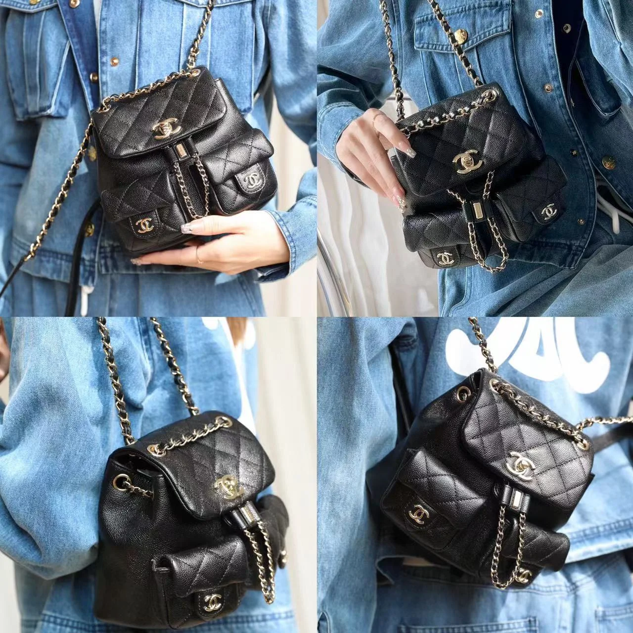 CHANEL23P雙口袋復古背包（黑色小號）